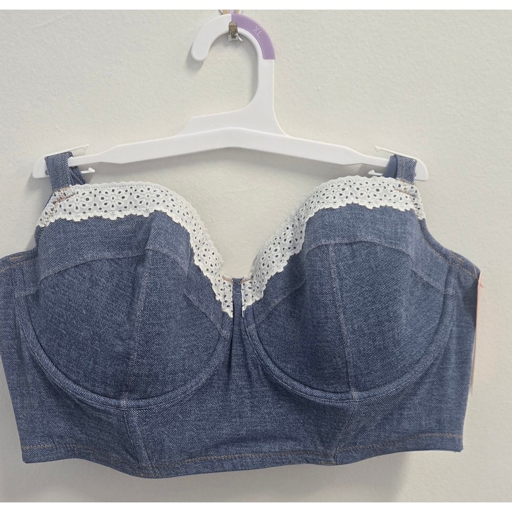 Colsie Women Denim Bustier Bralette Dark Blue Lace Trim Longline Crop Top XL